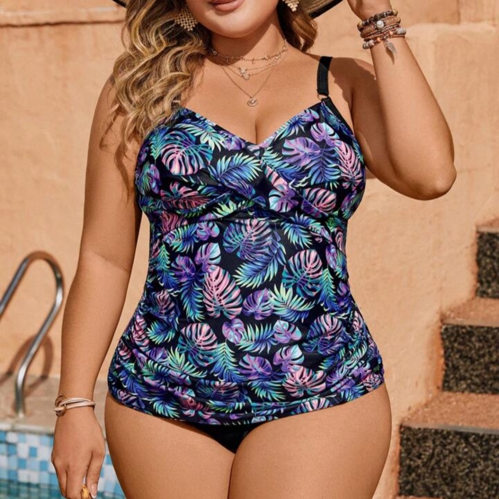 Women's Plus Size Tropical Leaf Print Swimwear Set